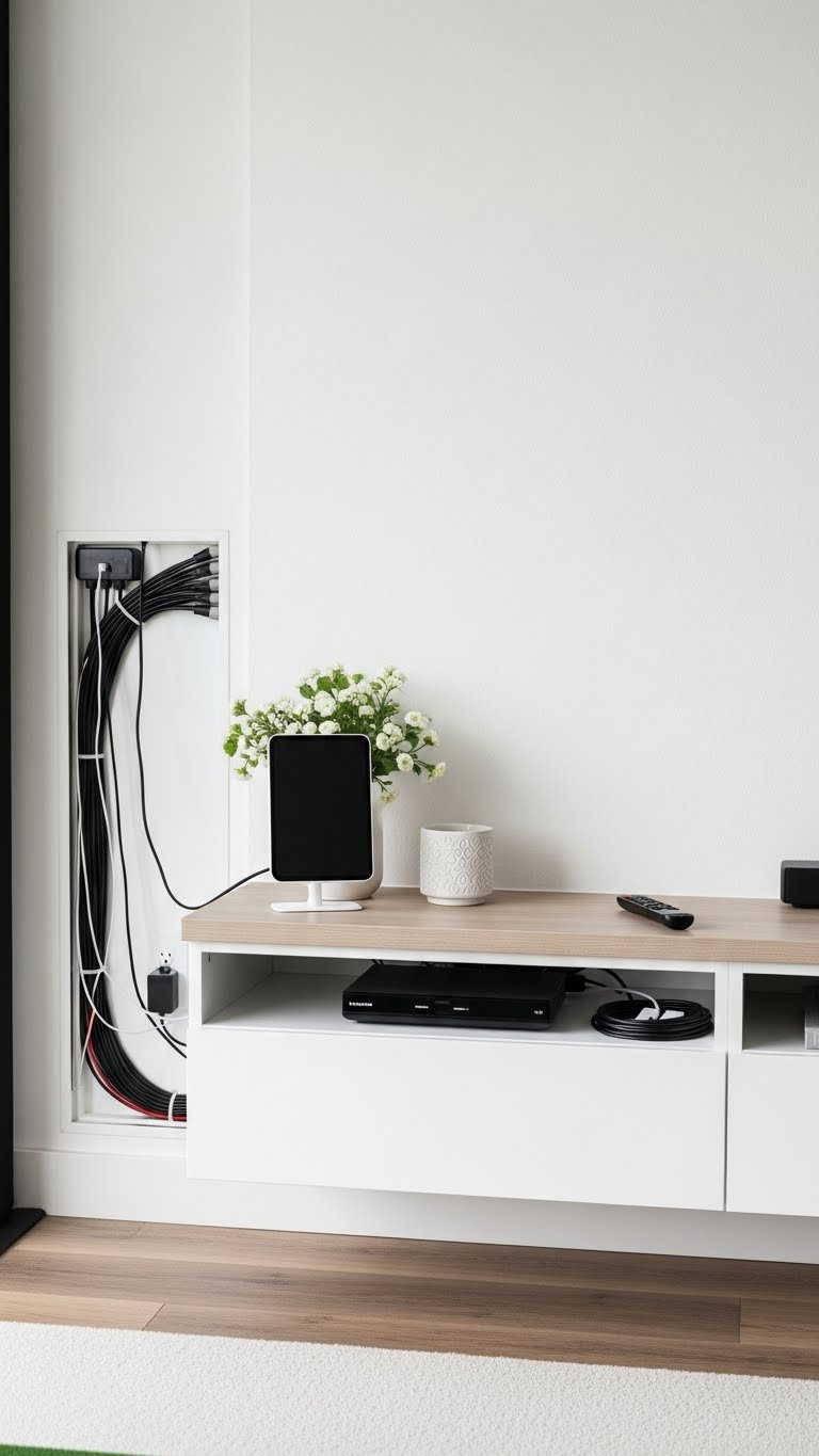 Organized Media Console With Hidden Cable Management And Minimalist Charging Station Setup