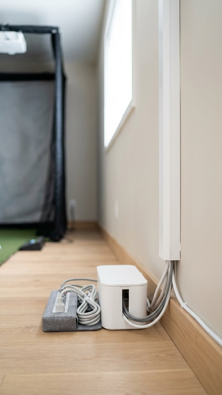 Organized Power And Data Cables Along A Baseboard And Conduit, Ensuring Clean, Safe Installation For A Home Golf Simulator.