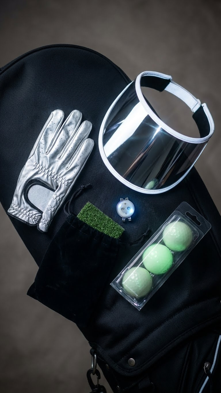 Organized Reflective Golf Glove, Visor, Led Marker, And Glow Golf Balls For Night Play Visibility On Dark Surface.