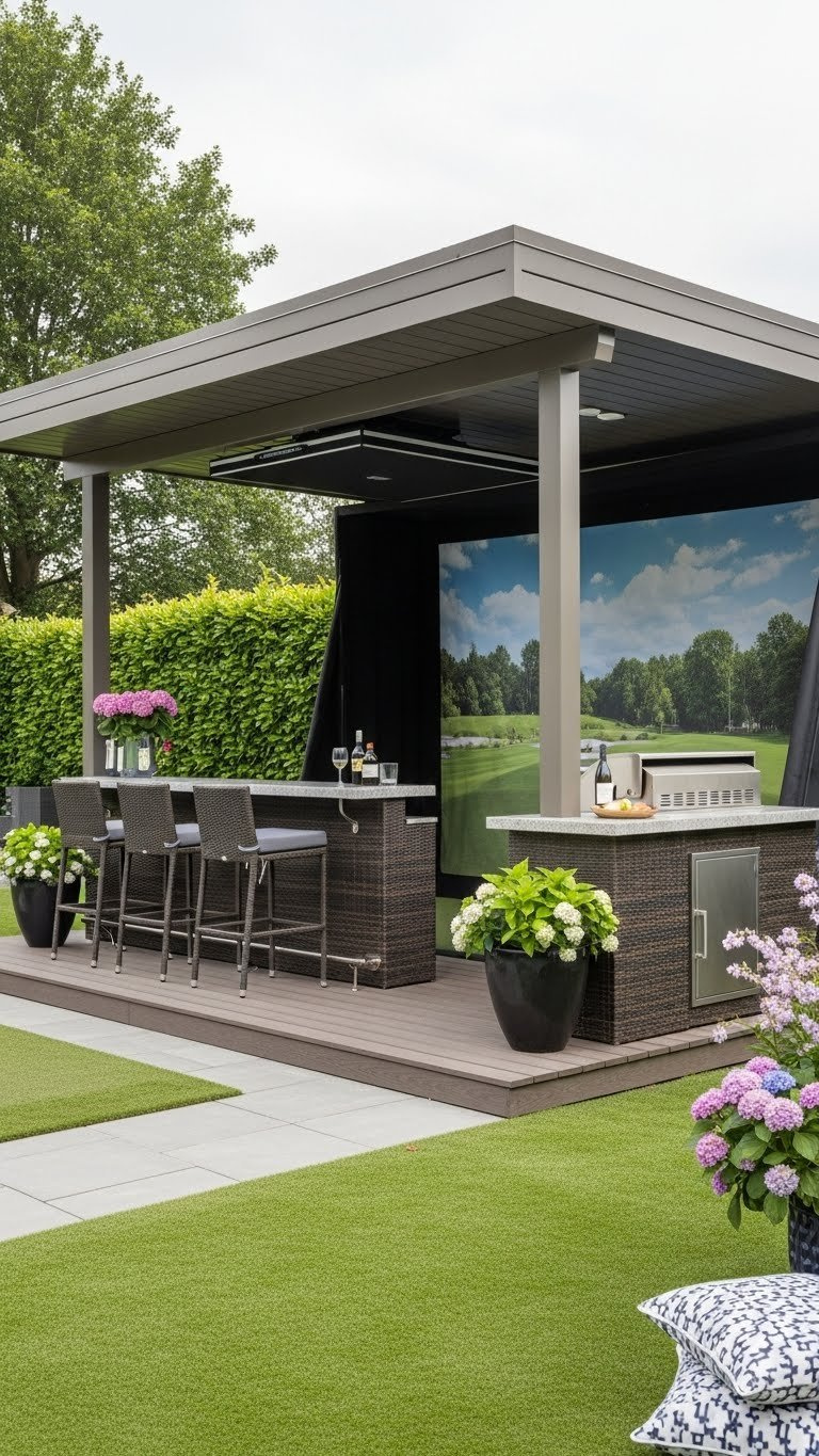 Outdoor Covered Golf Simulator Bar Under Pergola With Weather-Resistant Counter And Garden Backdrop