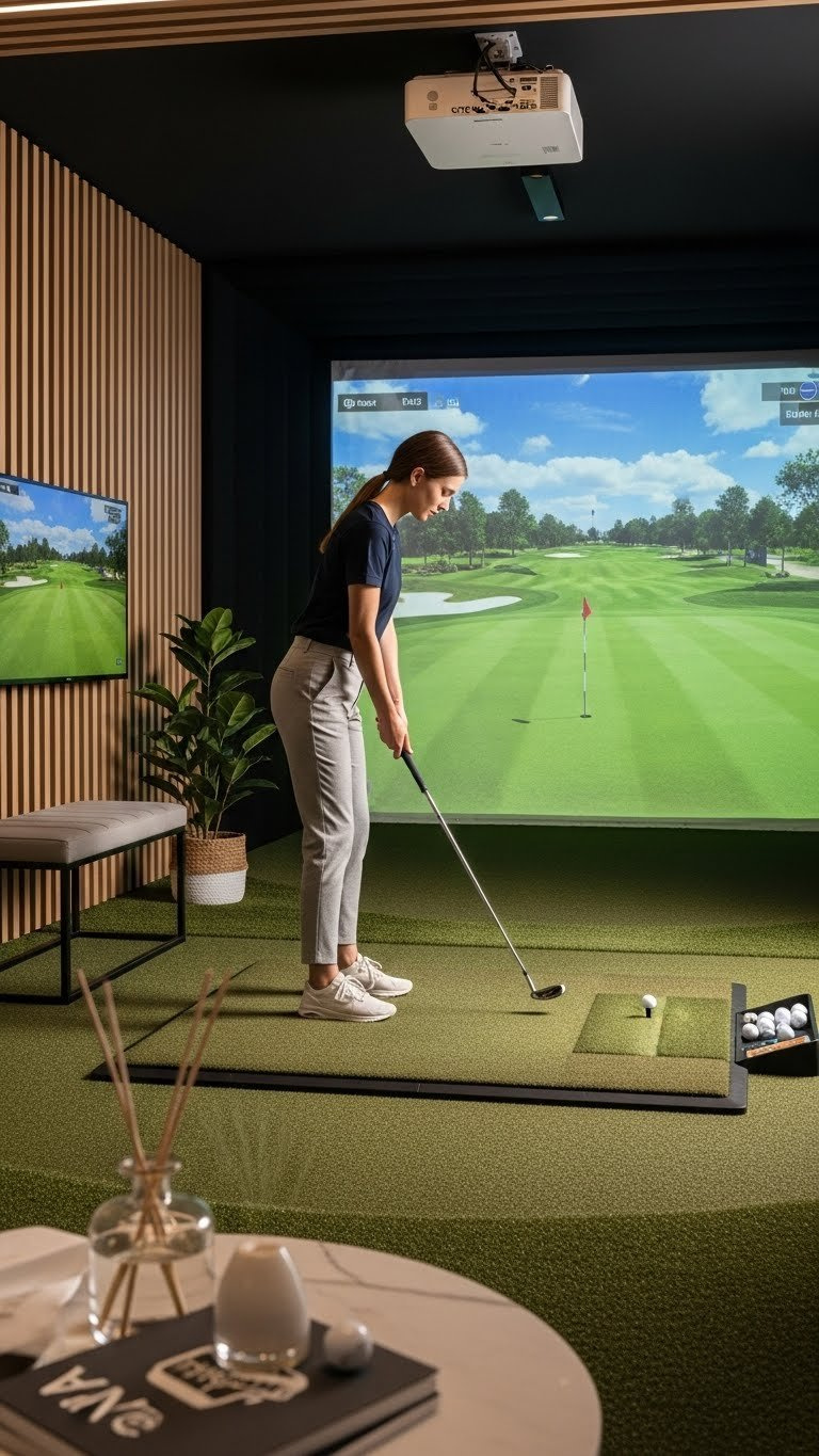 Outdoor-Inspired Indoor Golf Retreat With Natural Elements, Artificial Turf, Living Plants, And Realistic Course Display