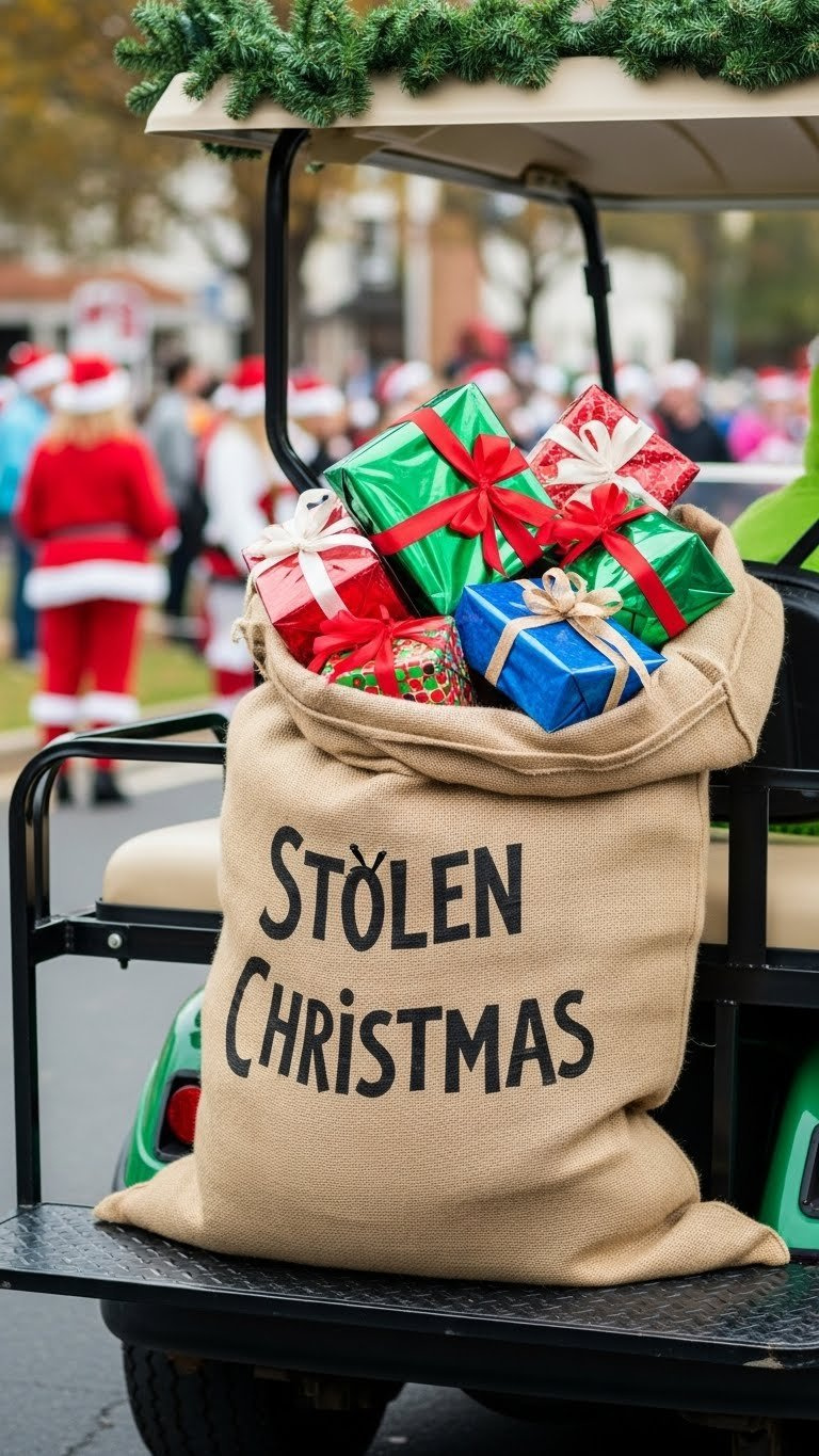 Overflowing Burlap Sack Labeled 'Stolen Christmas' With Colorful Wrapped Gifts Spilling Out Onto The Rear Platform Of A Grinch Golf Cart.