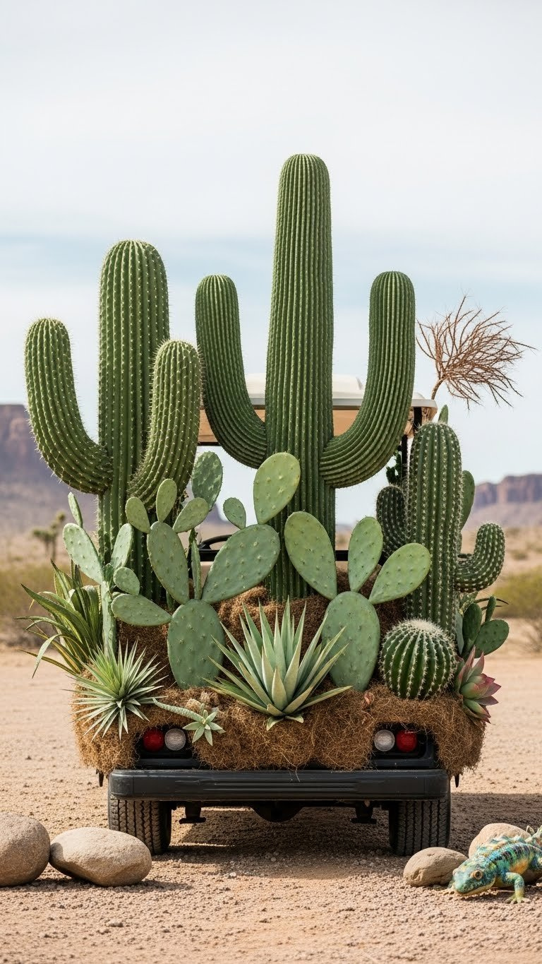 Oversized Faux Cacti And Desert Flora Attached To Rodeo Golf Cart In Arid Landscape Setting