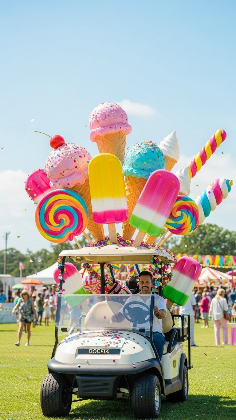 Oversized Whimsical Dessert Props Including Colorful Ice Cream Cones And Popsicles Bursting From Golf Cart Roof With Soft Bokeh Background.