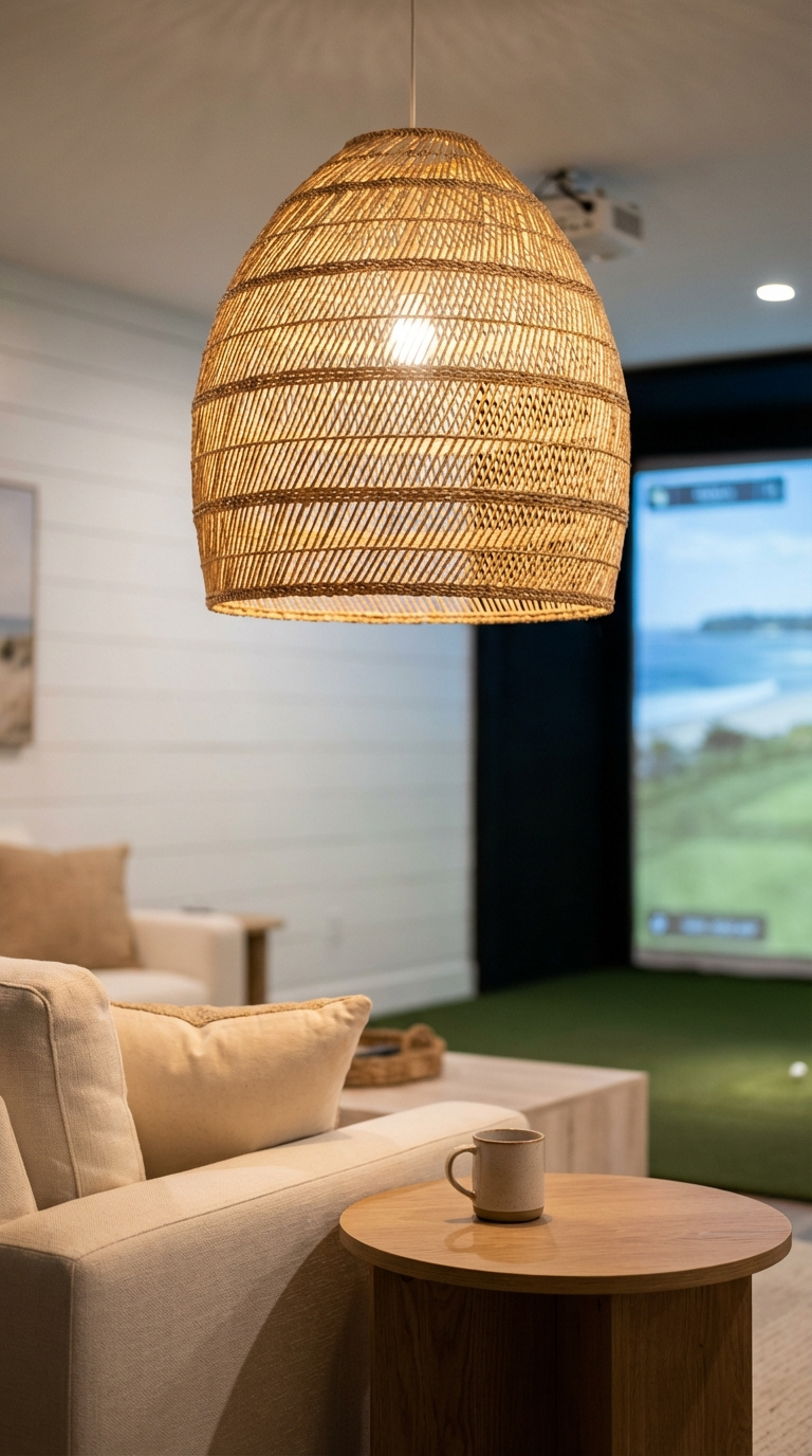 Oversized Woven Seagrass Pendant Light Fixture Hanging Over Seating Area In Coastal Golf Simulator Room