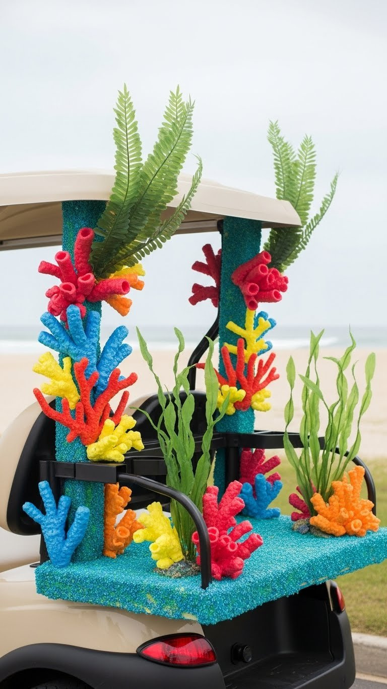 Pvc Pipe Coral Reef Foundation With Sculpted Foam Coral Mounted On Golf Cart In Tropical Hues