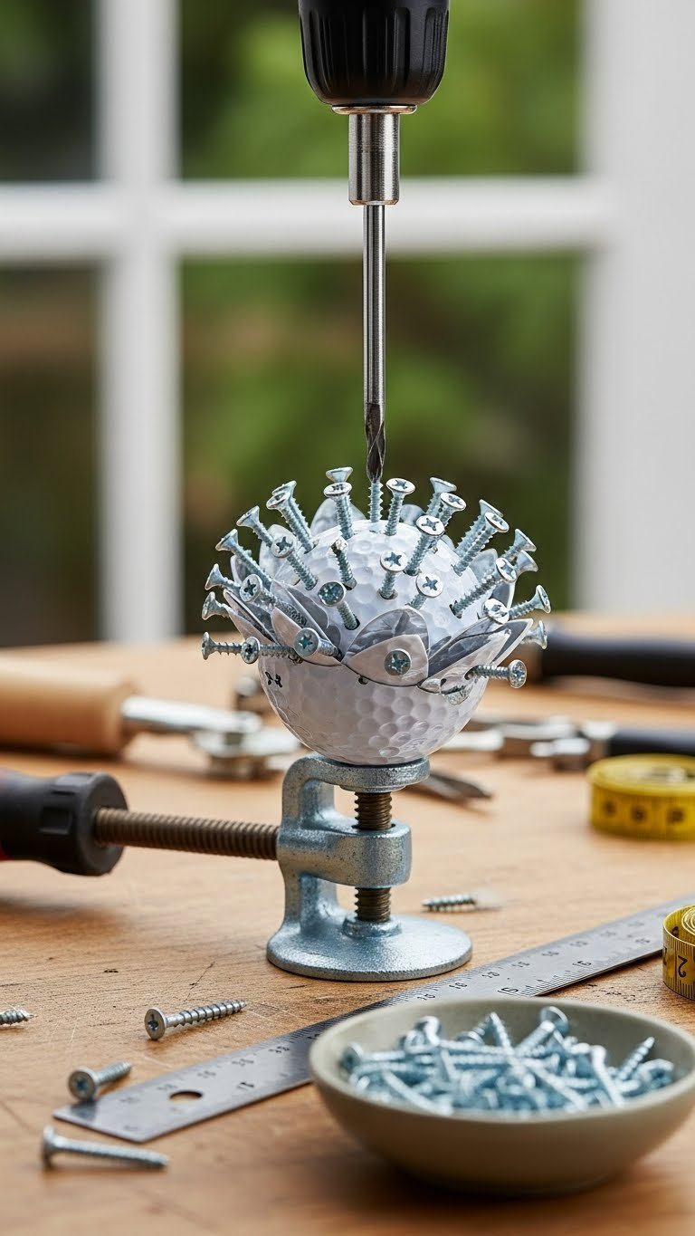 Partially Completed Golf Ball Flower With Screws Inserted Forming Petals, Screwdriver Poised Over Empty Hole On Workbench