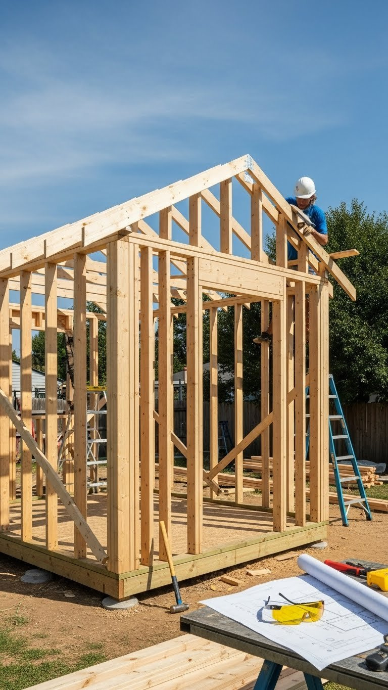 Golf Simulator Shed: Plan, Build, Design &Amp; Cost Guide Partially Constructed Golf Simulator Shed Showing Wooden Framing And Sheathing Against A Blue Sky, With Construction Tools Nearby.