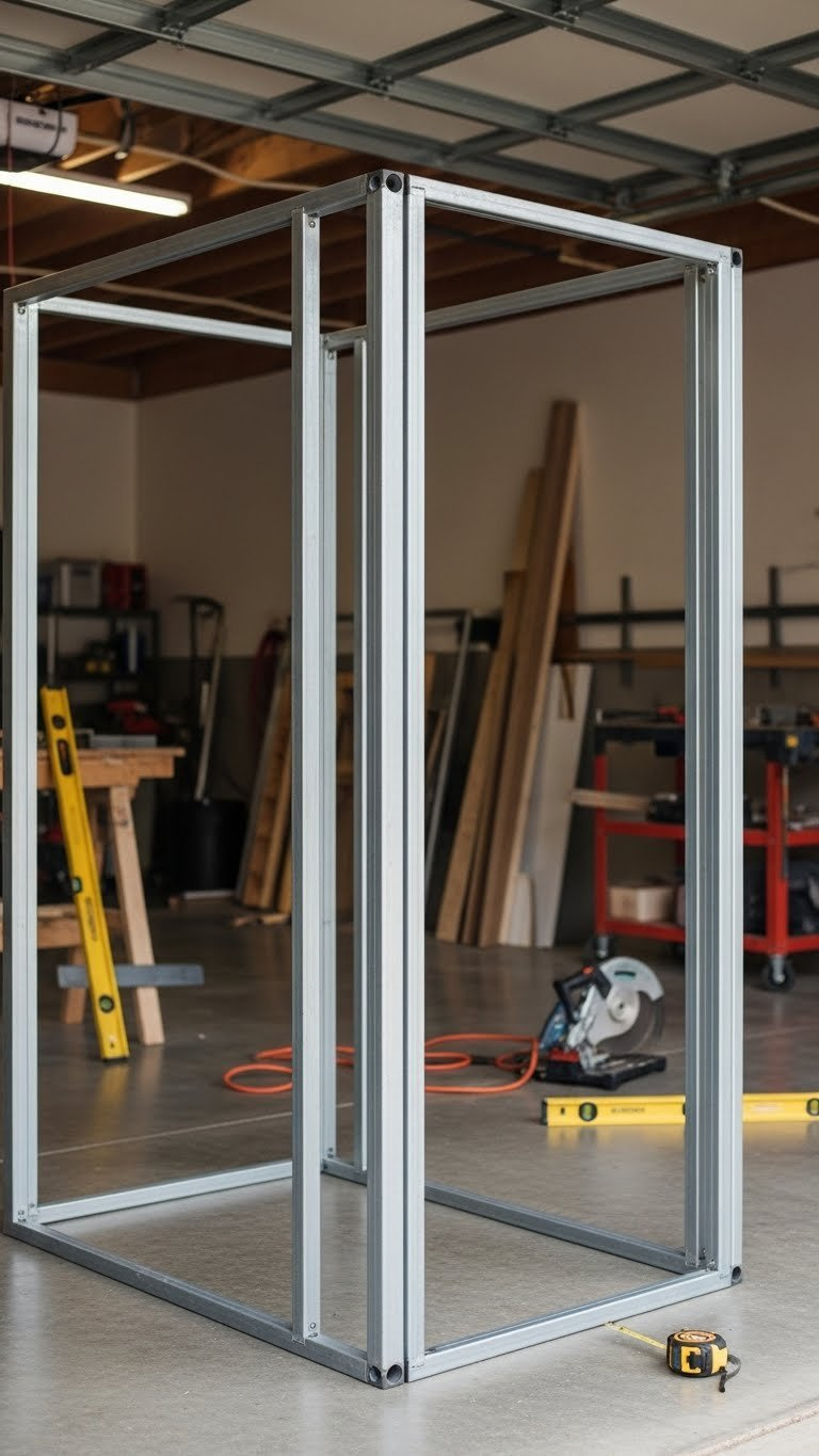 Partially Constructed Metal Frame For A Golf Simulator Enclosure, Showcasing Diy Craftsmanship With Tools Nearby.