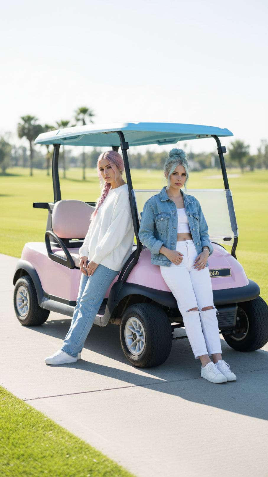 Pastel Pink And Sky Blue Custom Golf Cart With Friends Leaning Against It On Sun-Drenched Concrete Path Against Lush Green Golf Course Background