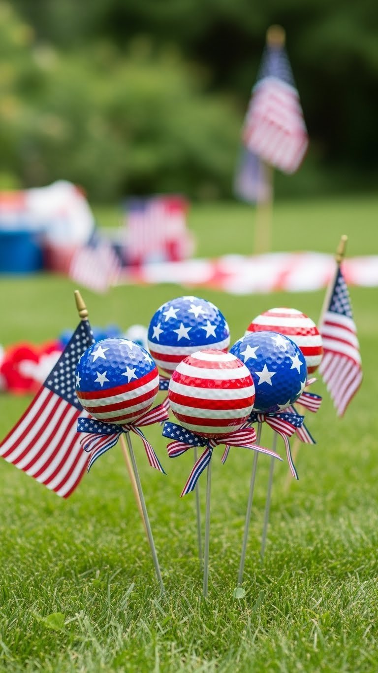 Patriotic Golf Balls Painted Red, White, And Blue On Garden Stakes In Lush Green Lawn Setting