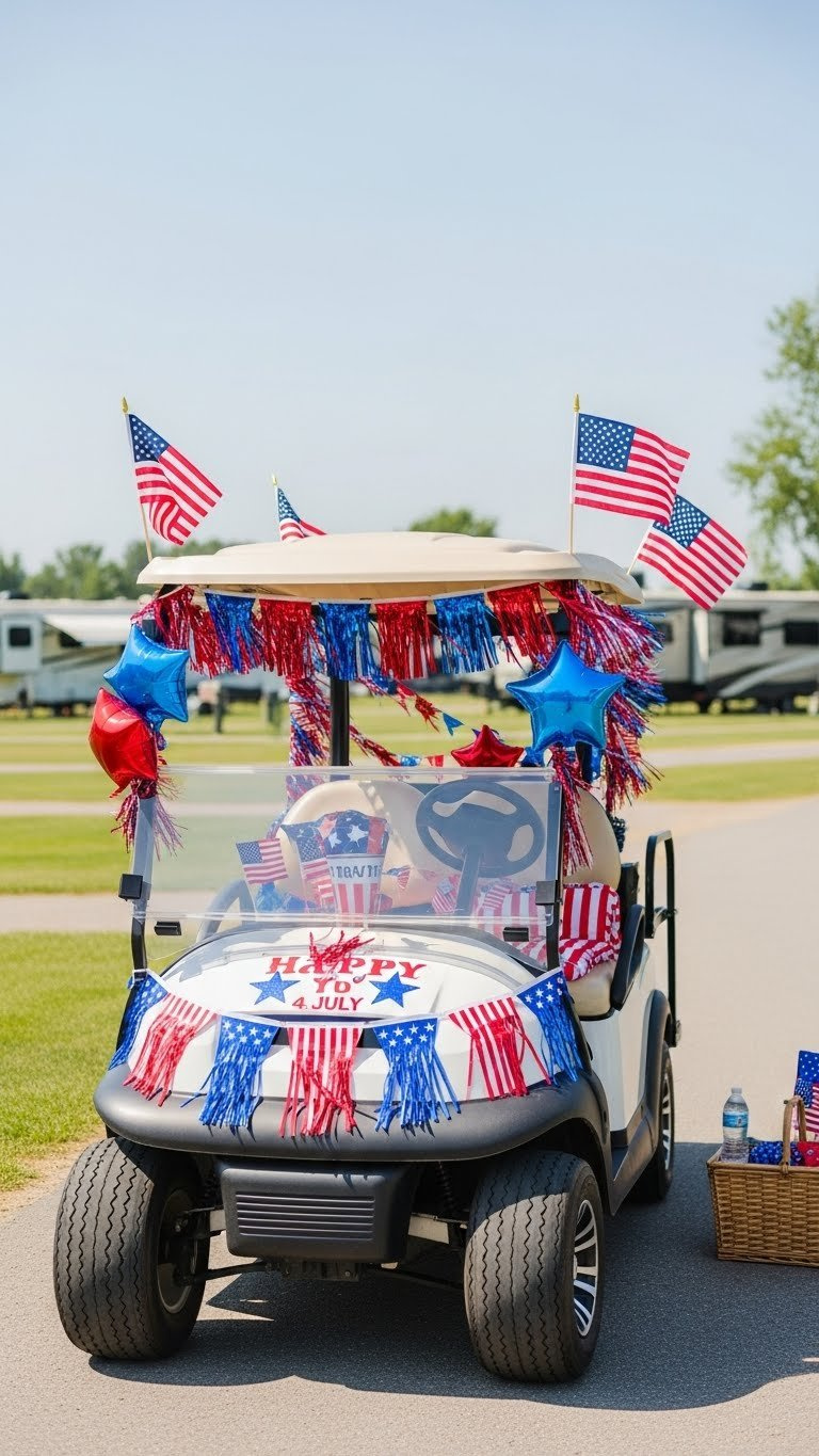Patriotic Golf Cart With Red, White, And Blue American Flags, Streamers, And Bunting Decorations On Paved Campground Road