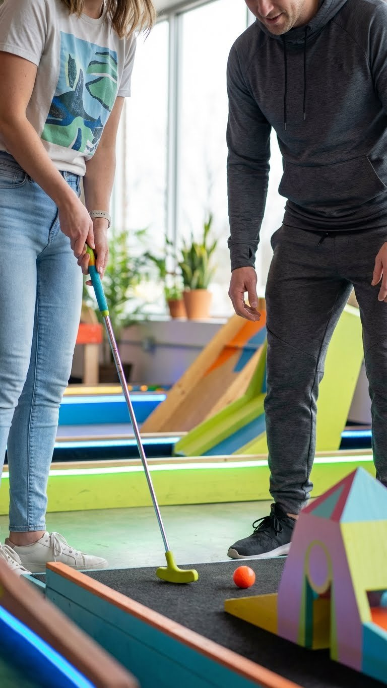 People In Casual Athleisure &Amp; Performance Jeans Playing Indoor Mini Golf With Brightly Colored Obstacles.
