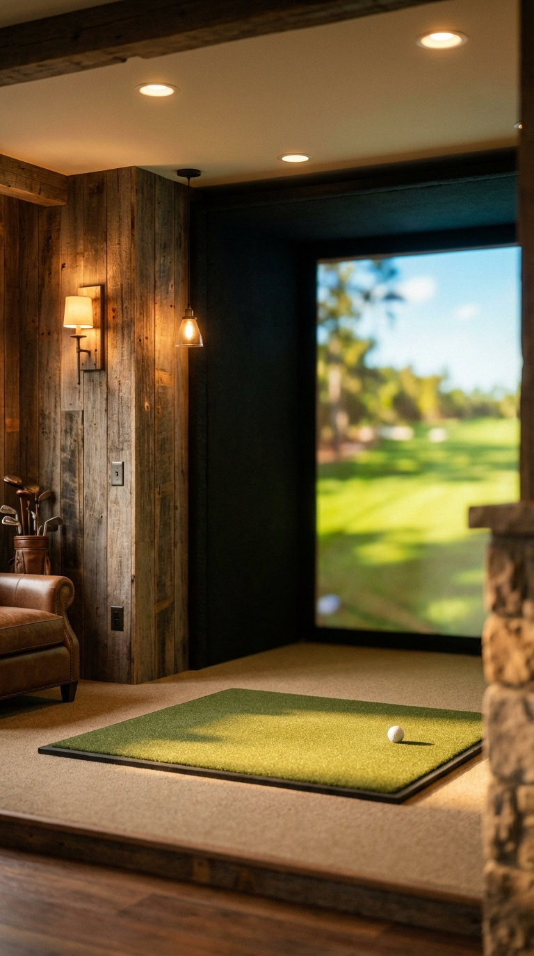 Rustic Golf Simulator Room: Expert Planning &Amp; Design Perfectly Lit Golf Simulator Bay With Warm Recessed Lighting And Rustic Sconce Lighting Illuminating Hitting Area