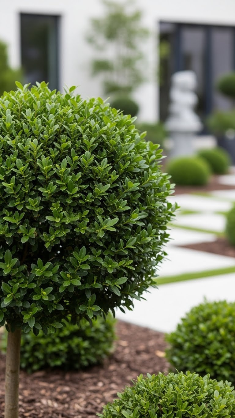 Perfectly Manicured Pittosporum Tenuifolium Golf Ball Shrub In Landscaped Garden With Deep Green Foliage
