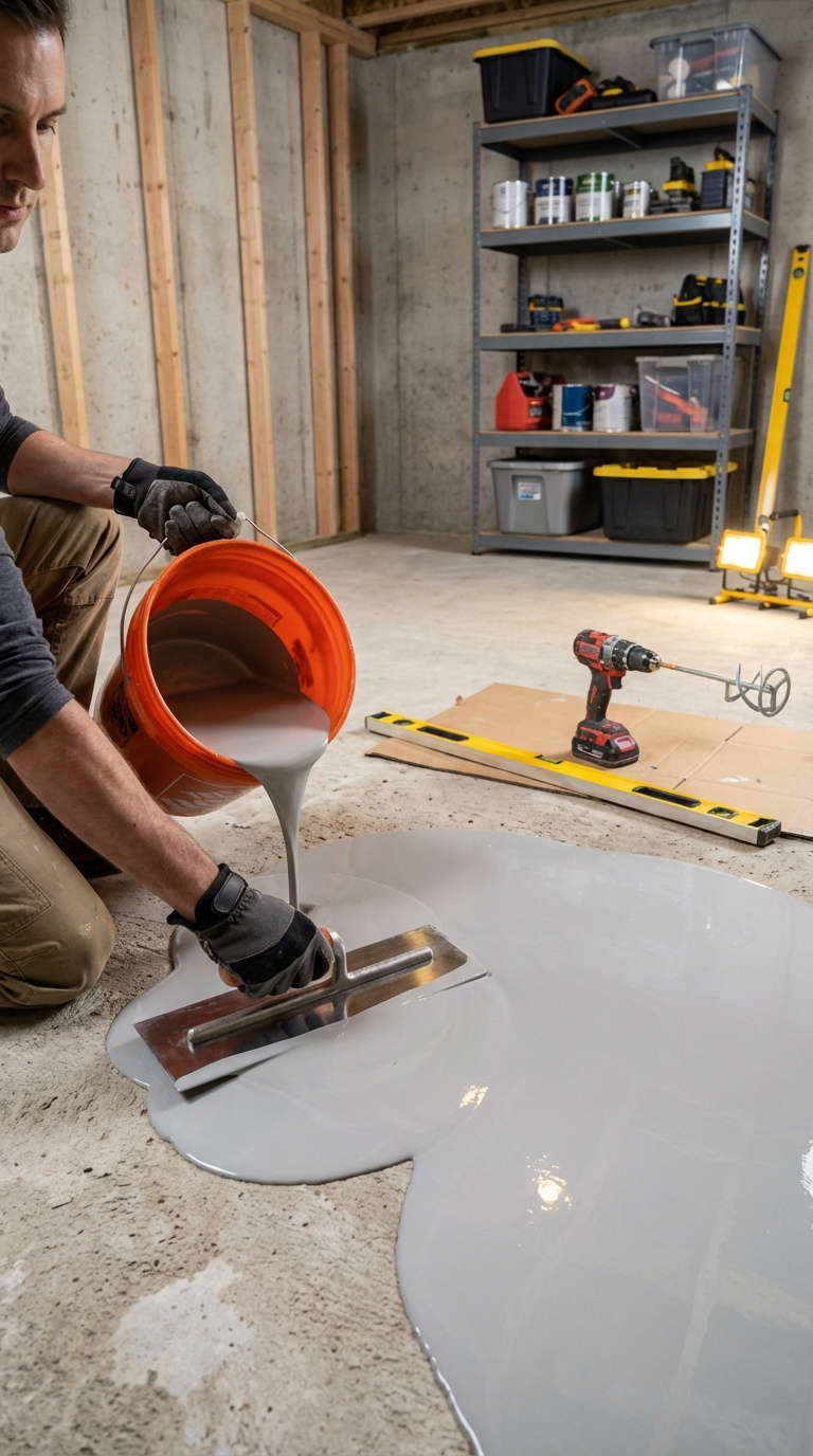 Golf Simulator Room Carpets Complete Buying Guide For Homes Person Applying Self-Leveling Compound With Trowel On Concrete Basement Floor For Golf Simulator Room Preparation