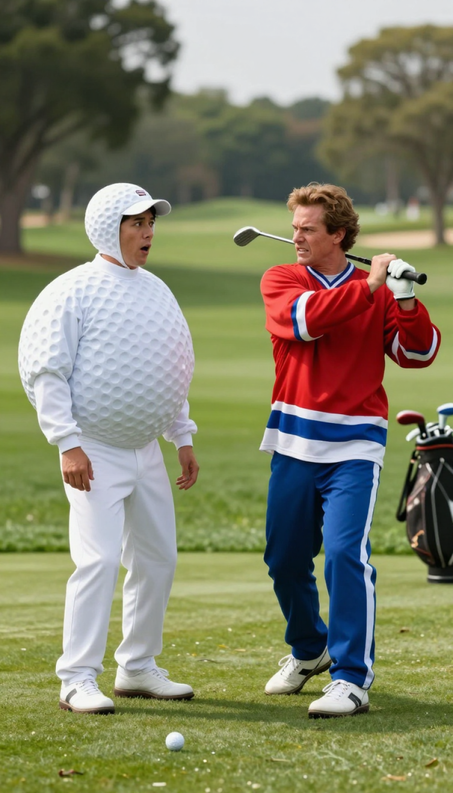 Person In Golf Ball Costume Interacting With Happy Gilmore Character Recreating Movie Scene On Golf Course