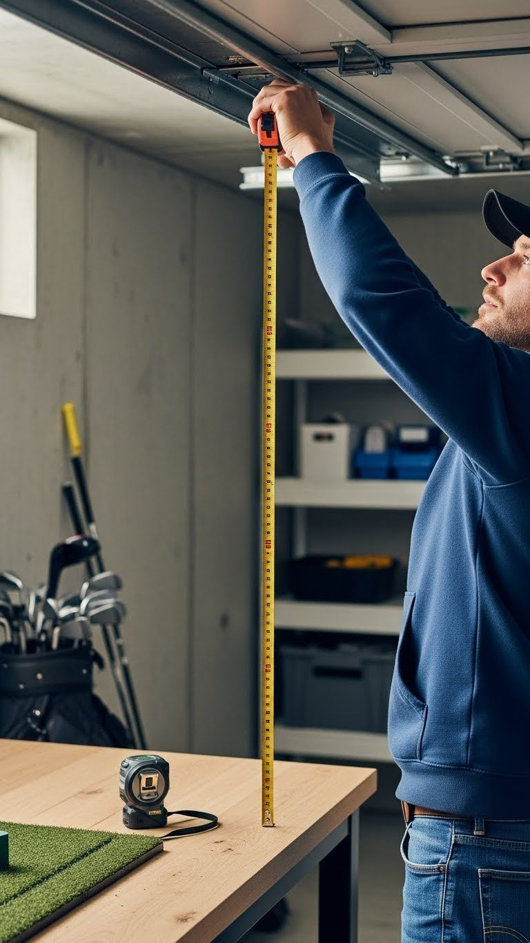 Golf Simulator Room Small Space Complete Setup Guide Person Measuring Ceiling Height With Tape Measure In Garage Golf Simulator Setup With Clubs Leaning Against Wall