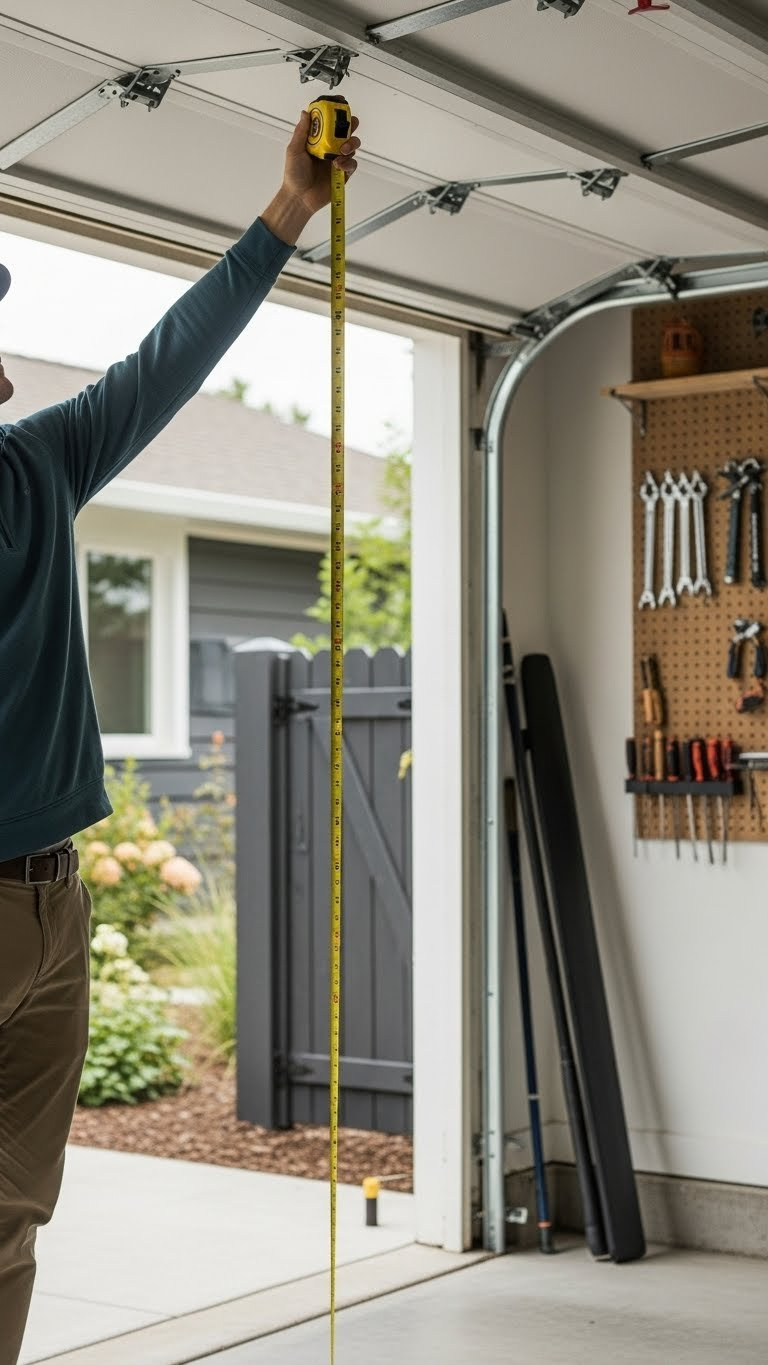 Person Measuring Ceiling Height With Yellow Tape Measure In Organized Garage For Golf Simulator Installation