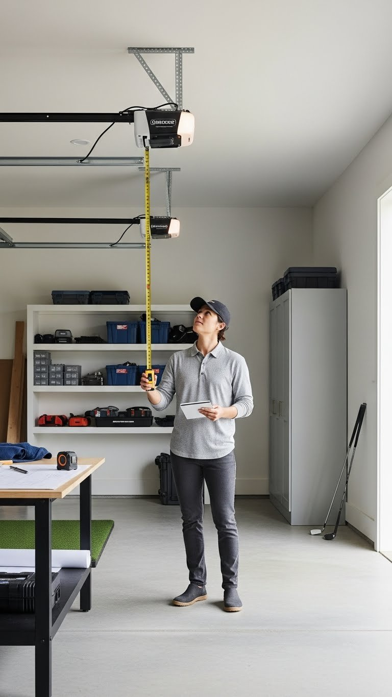 Person Measuring Dimensions In Spacious Garage For Golf Simulator Setup Planning With Tape Measure And Notebook