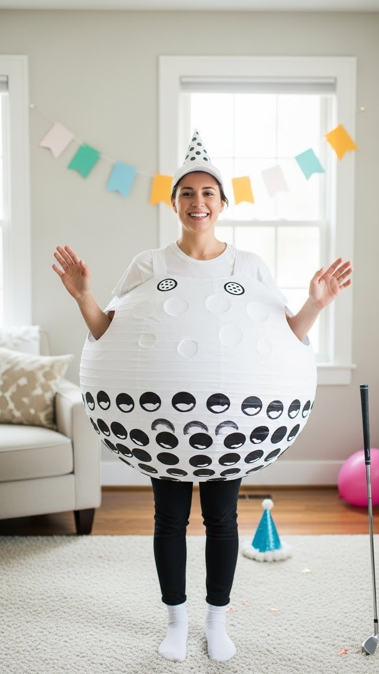 Person Wearing Low-Budget Diy Golf Ball Costume With Hand-Drawn Dimples In Casual Indoor Party Setting