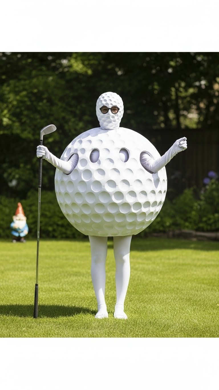 Person Wearing White Diy Golf Ball Costume With Dimpled Texture Standing On Grassy Lawn In Outdoor Garden Setting