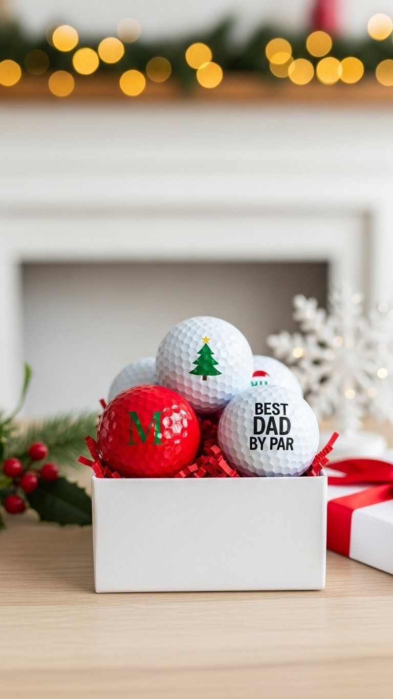Personalized Christmas Golf Balls With Festive Graphics Arranged In White Gift Box With Red Ribbon On Wooden Table