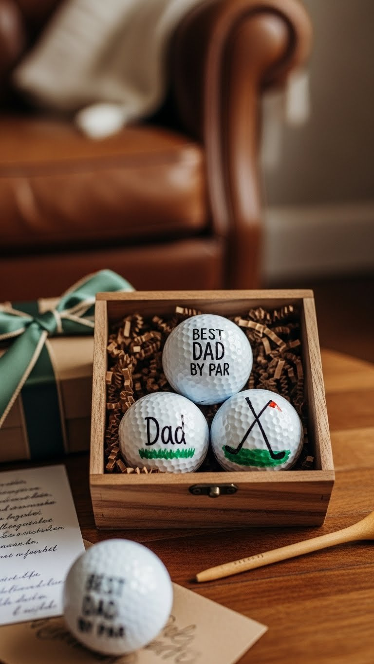 Personalized Father'S Day Golf Balls Painted With 'Dad' Messages In Rustic Wooden Gift Box