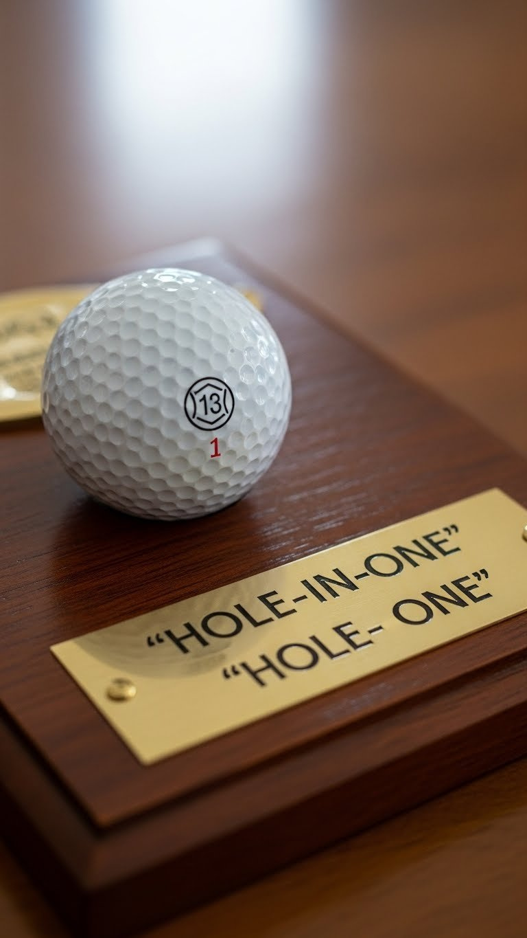 Personalized Hole-In-One Souvenir Wooden Plaque Featuring Commemorative Golf Ball With Elegant Brass Detailing.