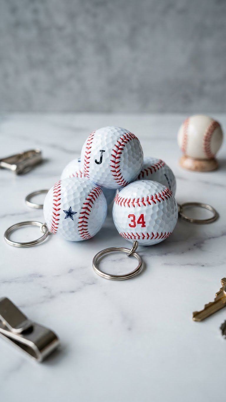 Golf Ball Crafts Baseball: Easy Diy Ideas For Art &Amp; Gifts Personalized Baseball Golf Ball Keychains With Unique Details And Metallic Rings, Arranged On A Sleek White Marble Countertop.