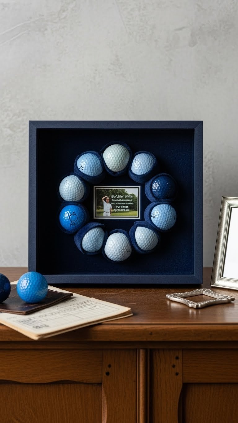 Personalized Blue Golf Ball Shadow Box Memorial, Navy Velvet Backing With Golf Balls, Plaque On Antique Cabinet. Golf Tribute.