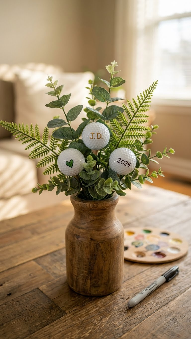 Personalized Golf Ball Bouquet With Custom Golf Balls, Faux Greenery In Wooden Vase On Rustic Table. Diy Golf Gift.