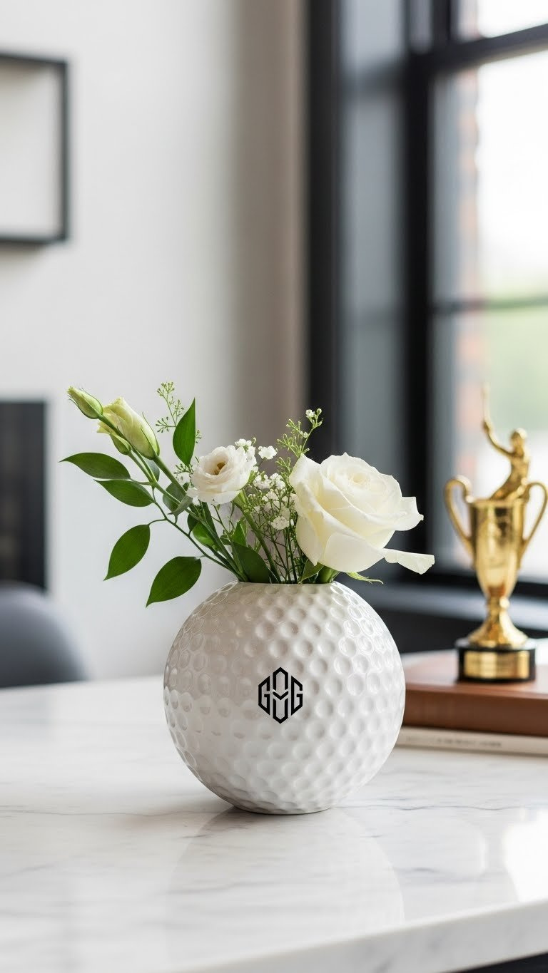 Personalized Golf Ball Ceramic Vase Holding Minimalist Floral Arrangement On Polished Marble Countertop