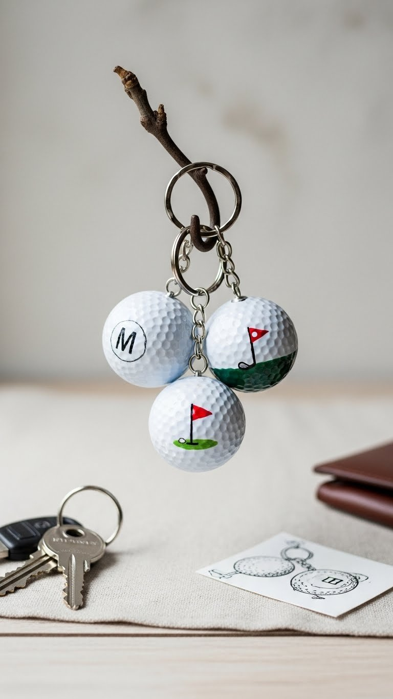 Golf Ball Upcycle: 11 Stunning Crafts &Amp; Garden Projects Personalized Golf Ball Keychains With Initials Hanging From Rustic Hook On Textured Wooden Surface Flat Lay.