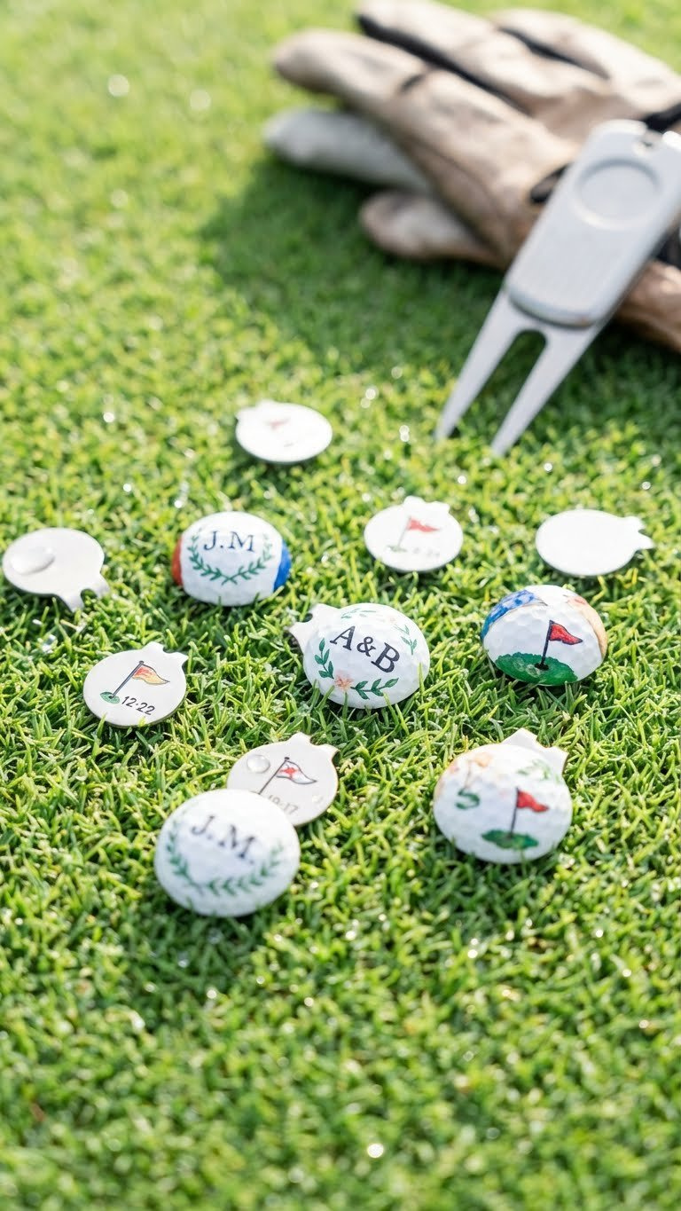 Essential Golf Ball Crafts: 13 Birthday Gifts That Impress Personalized Golf Ball Markers With Hand-Painted Initials Rest On A Vibrant Green Putting Green Surface With A Blurred Club.