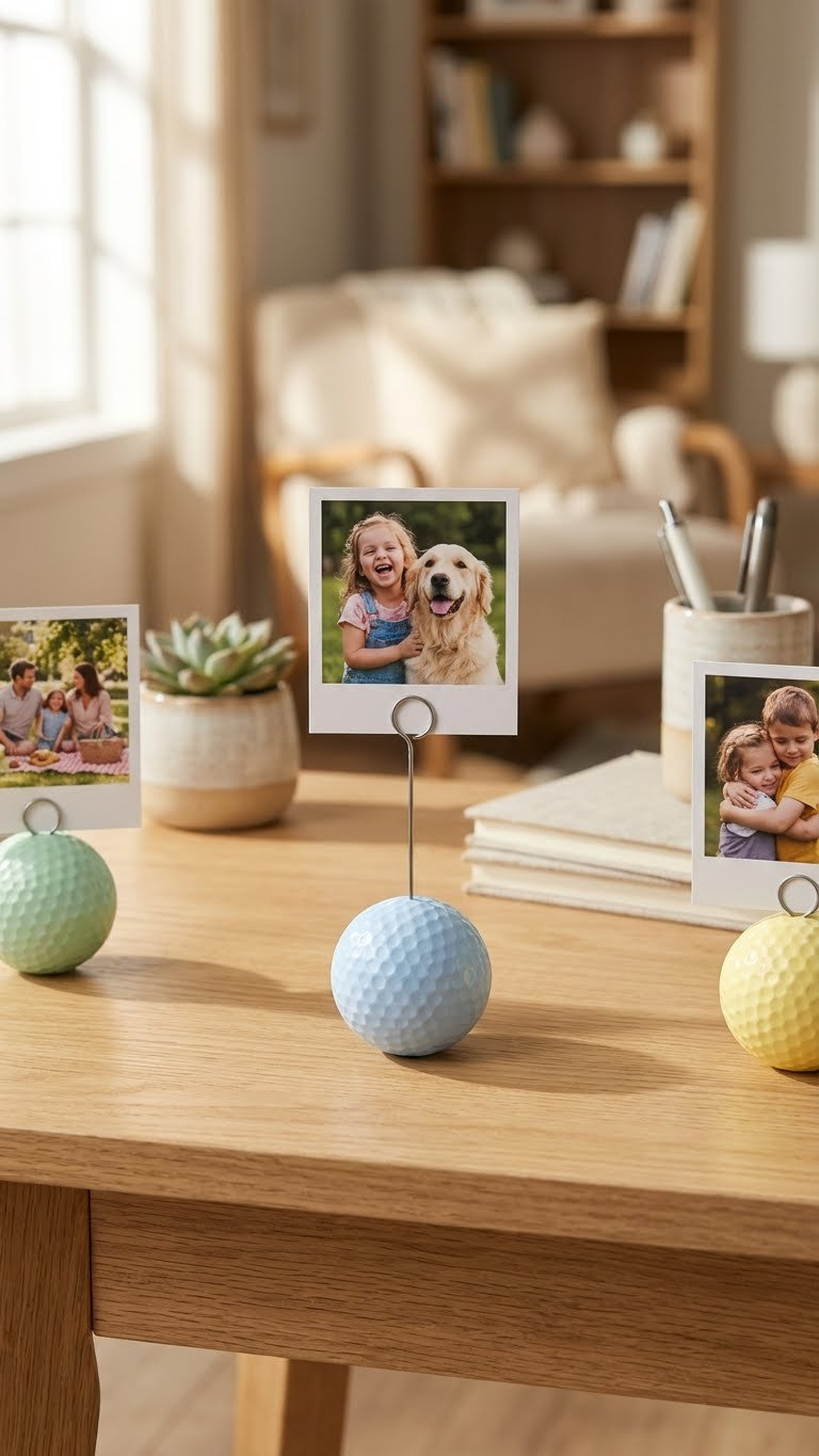 13 Golf Ball Crafts For Kids: Simple Diy Art &Amp; Play Personalized Golf Ball Photo Holders With Cherished Family Pictures Charmingly Sit On A Minimalist Wooden Desk With A Succulent.