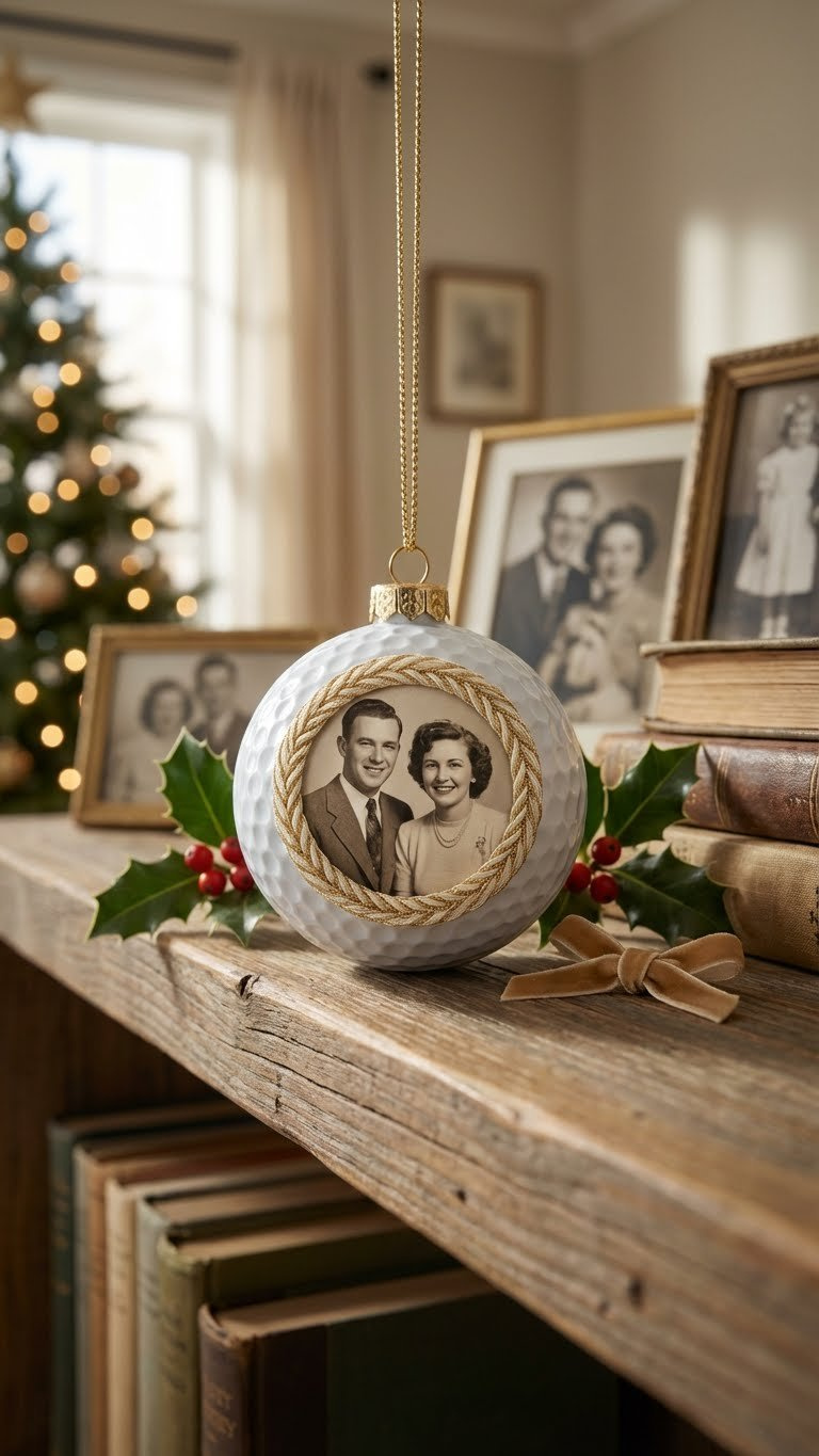 Golf Ball Christmas: 9 Genius Diy Ornament Ideas Personalized Golf Ball Photo Ornament Displaying A Cherished Memory On A Shelf, Evoking Warm, Homey Holiday Feelings.