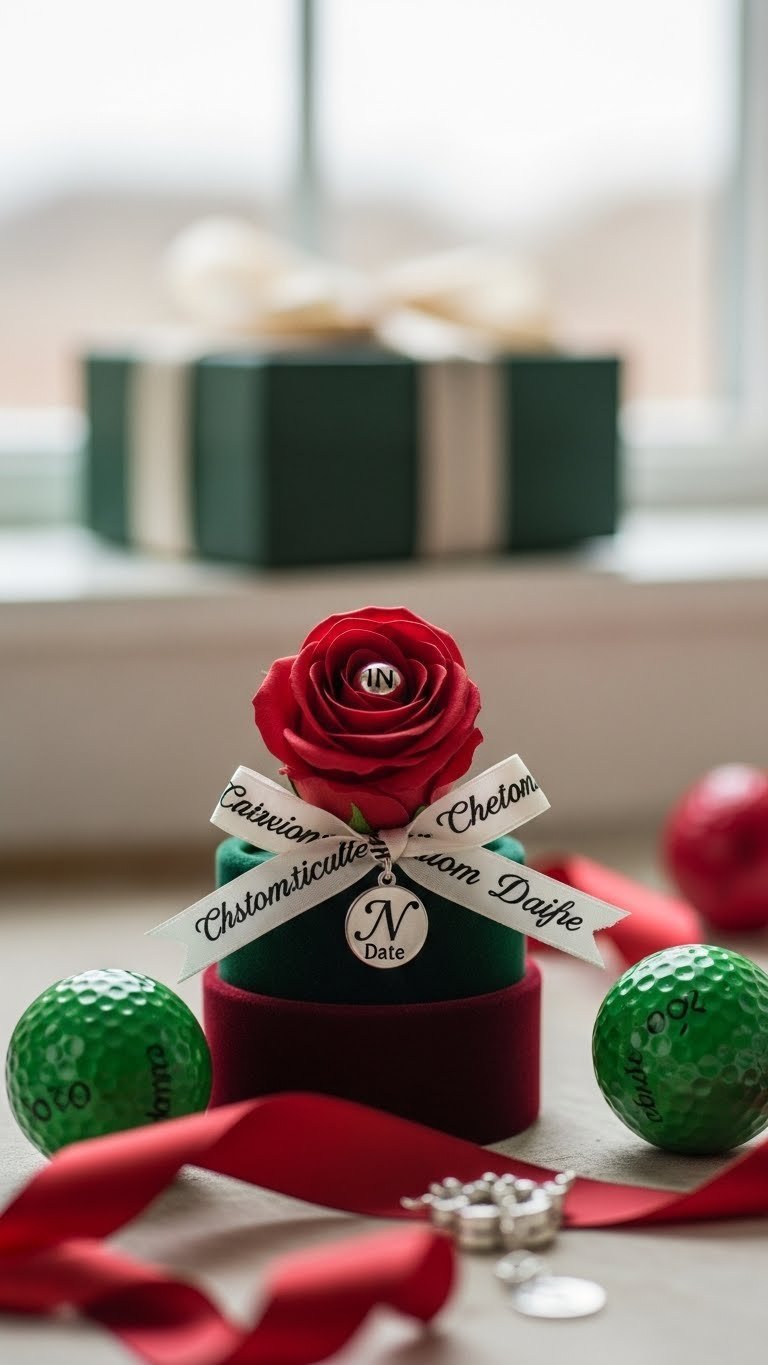 Personalized Golf Ball Rose With Custom Charm And Ribbon Embellishments On Velvet Display Box Background.