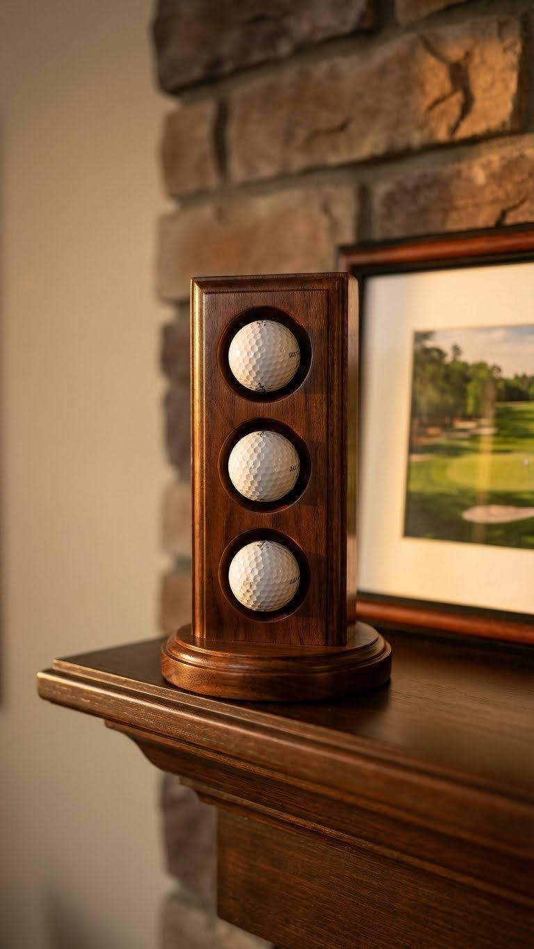 Essential Golf Ball Crafts: 13 Birthday Gifts That Impress Personalized Golf Ball Trophy Display On An Elegant Wooden Stand Showcases Preserved Golf Balls On A Warm Mantelpiece.