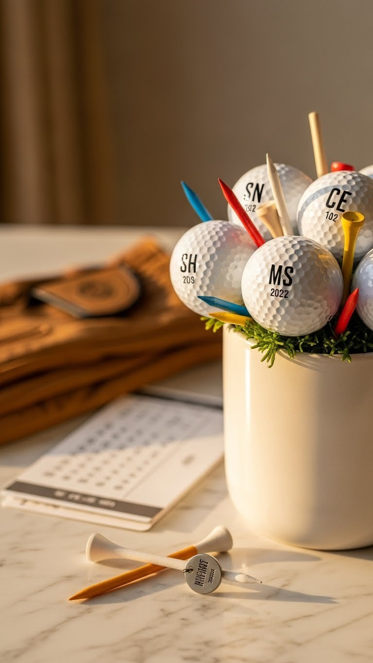 Personalized Golf Balls &Amp; Specialty Tees Bouquet In Modern Ceramic, Custom Details, On Marble Counter, Elegant Golf Gift.