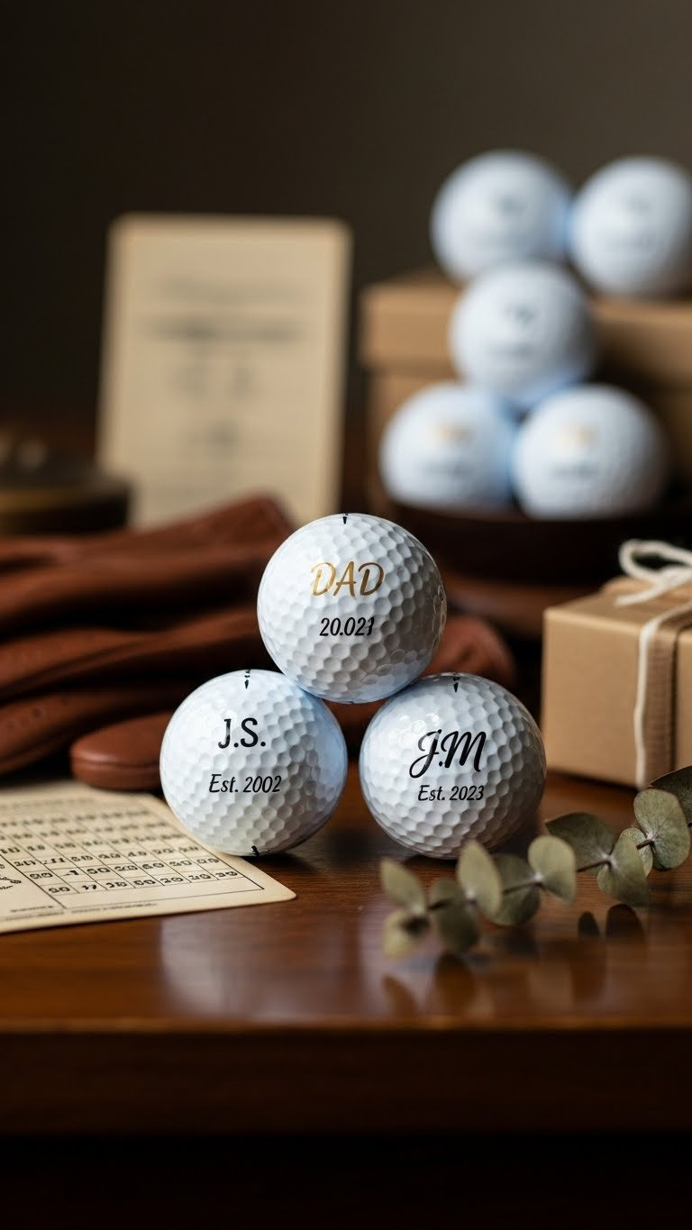 Personalized Golf Balls With Elegant Hand-Painted Initials And Dates In Gold Or Silver On Dark Polished Wood