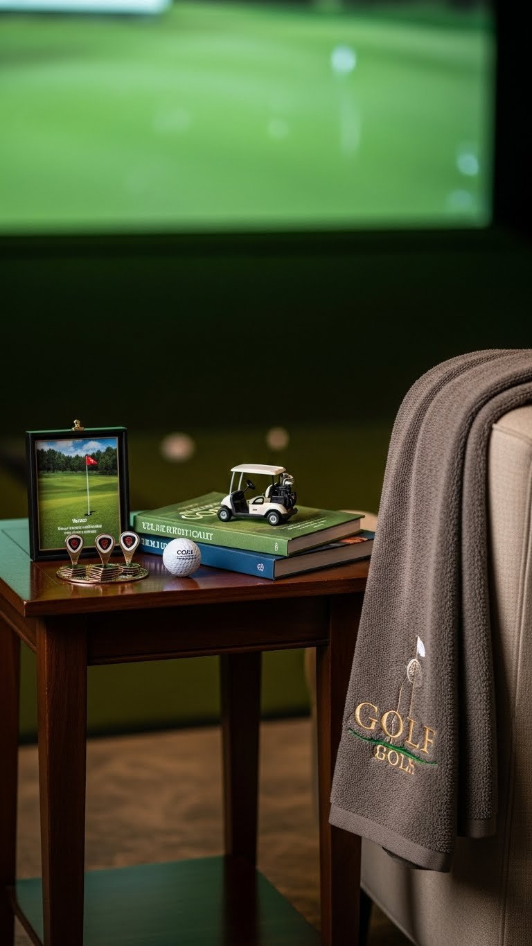 Golf Decor Ideas: 11 Ultimate Home Simulator Room Designs Personalized Golf Decor On A Dark Wood Side Table, Featuring A Custom Ball Marker Set And Miniature Golf Cart.