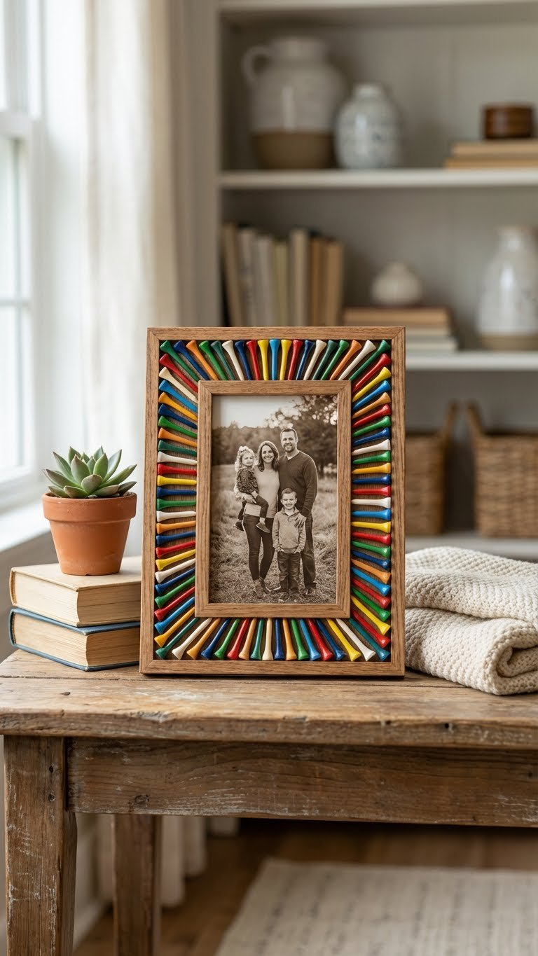 Personalized Golf Tee Picture Frame Holding A Family Photo, Adorned With Colorful Tees On A Rustic Table With Decor.