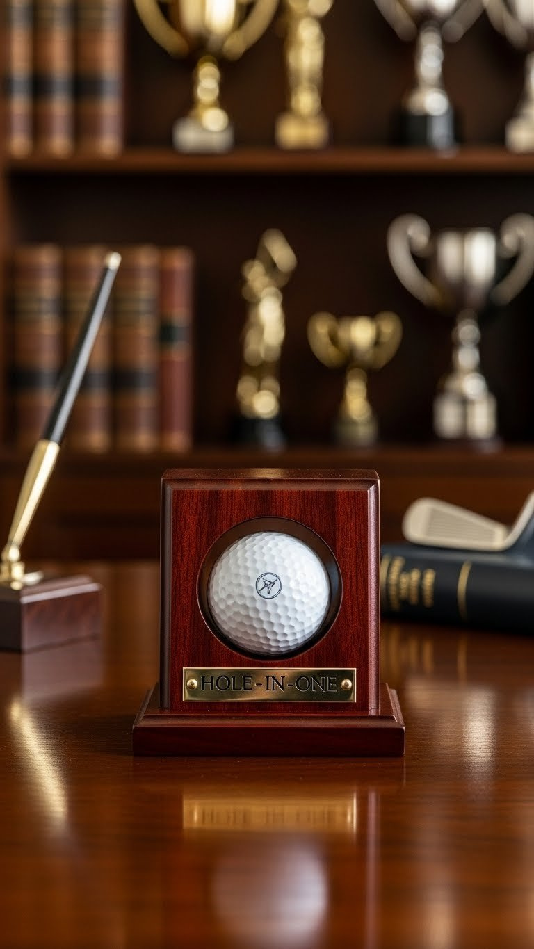 Personalized Hole-In-One Golf Ball Displayed On Dark Mahogany Plaque With Engraved Metal Plate In Elegant Office Setting