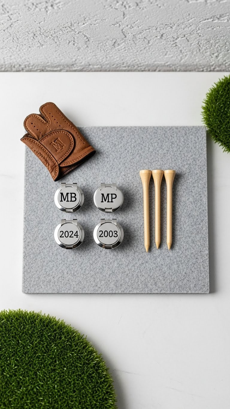 Personalized Metal Golf Ball Markers, Custom Wooden Golf Tees With Initials, On Gray Felt Mat With Leather Golf Glove Patch.