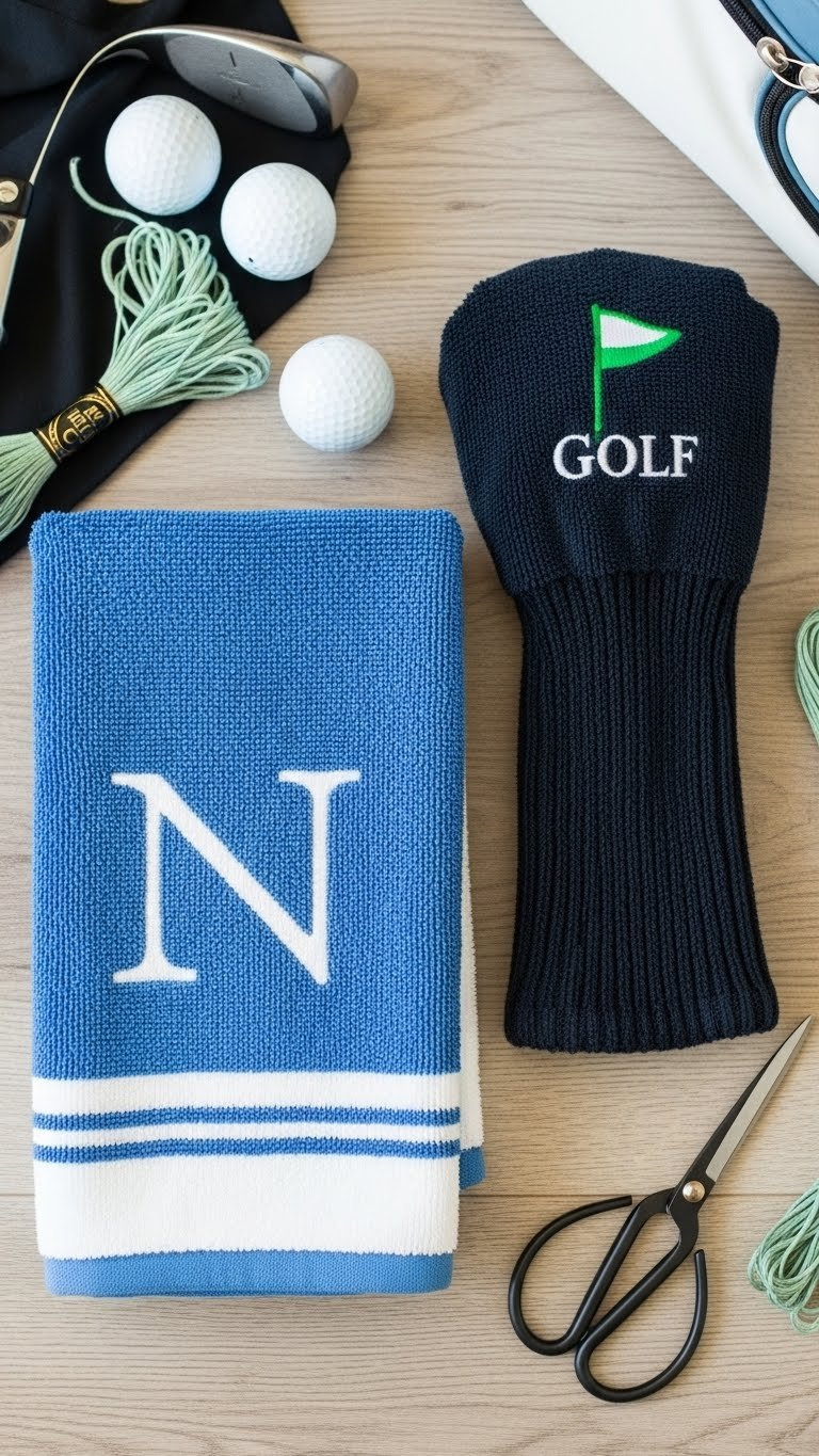 Personalized Microfiber Golf Towel, Custom Club Head Cover With Logo, On Wood Surface With Golf Balls And Floss.