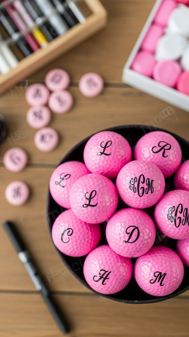 Personalized Pink Golf Ball Bouquet With Monogrammed Initials In A Dark Container, Styled Flat Lay On A Rustic Wooden Table.