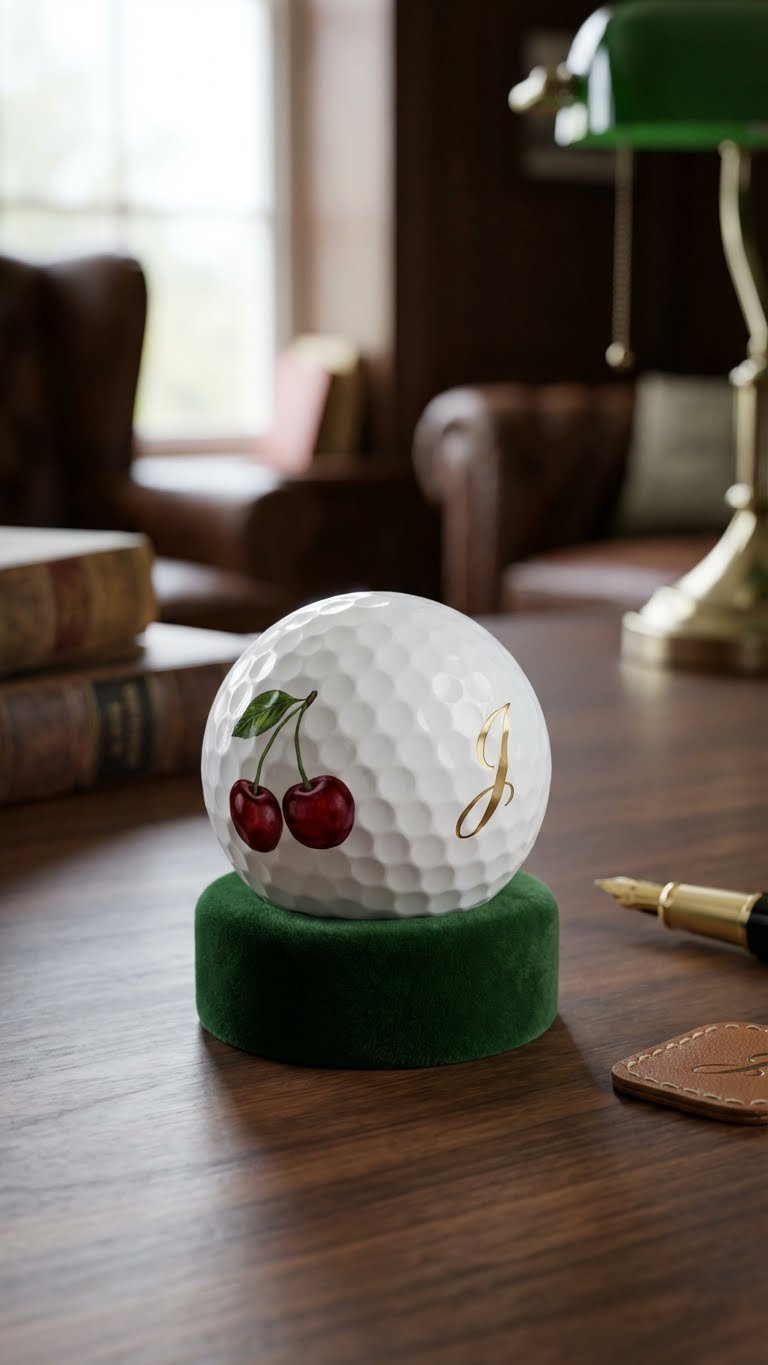 Craft Cherry Golf Balls: 7 Unique &Amp; Easy Diy Ideas Personalized White Golf Ball Featuring Hand-Painted Red Cherries And An Elegant Monogram, Displayed On A Plush Velvet Stand.