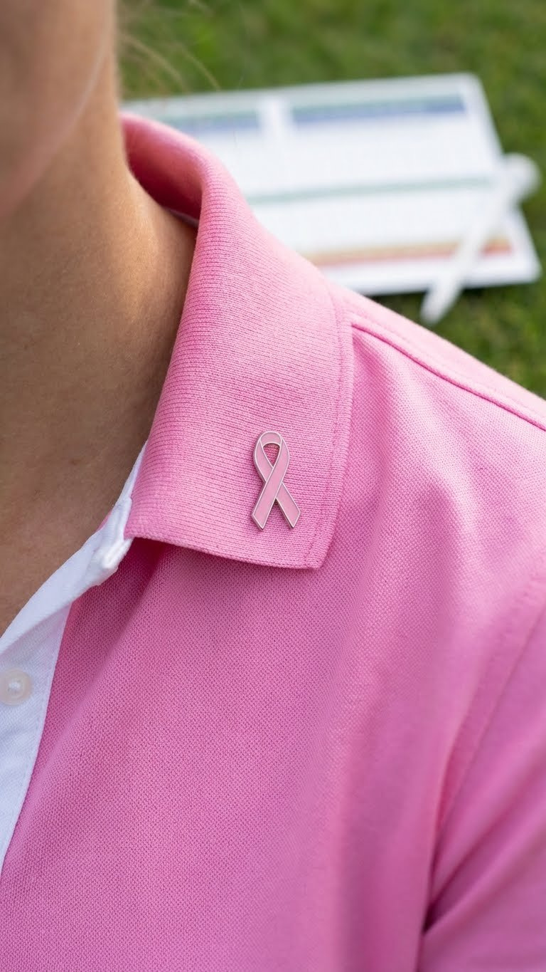 Pink Breast Cancer Awareness Golf Outfit: Structured Pink Polo With A Subtle Pink Ribbon Pin On Collar.