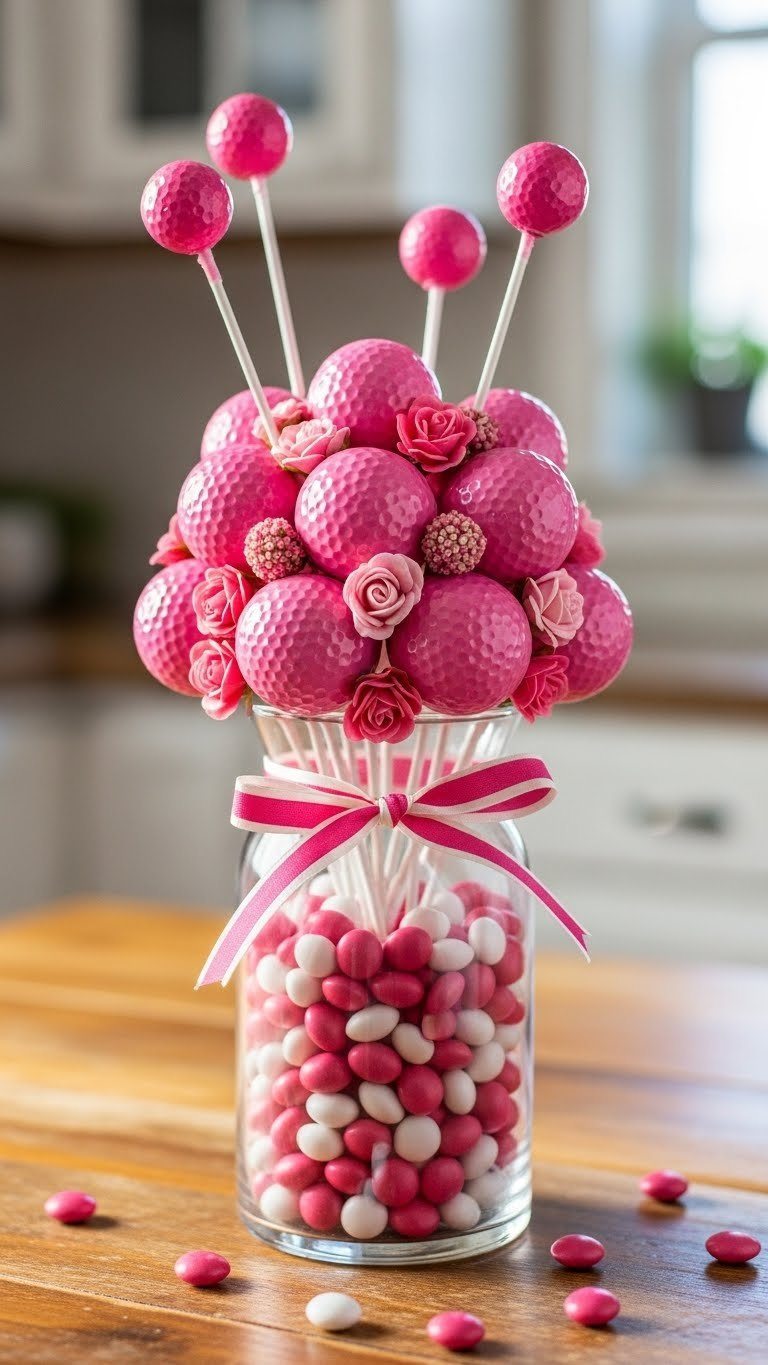 Pink Golf Ball And Faux Flower Arrangement In A Candy-Filled Glass Vase, A Vibrant Golf-Themed Gift On A Rustic Table.